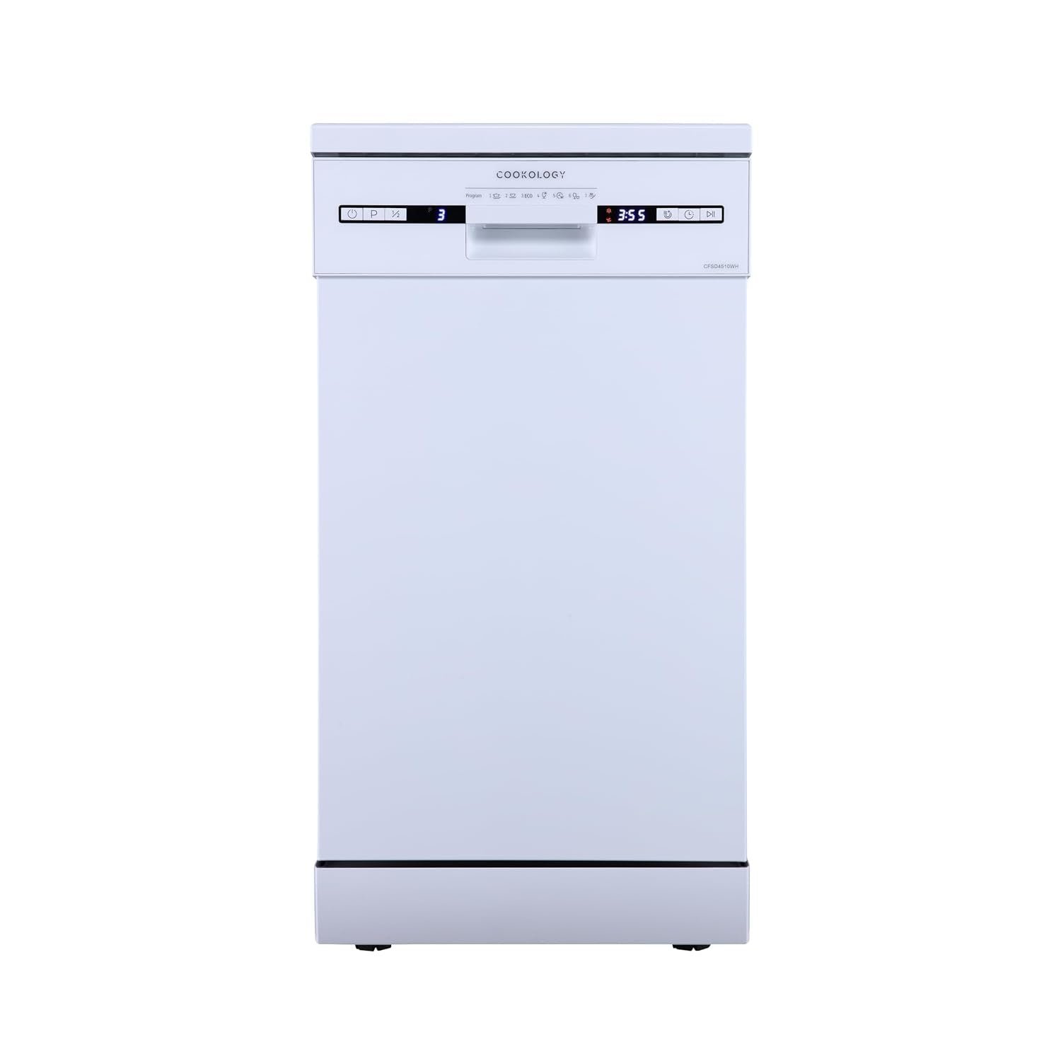 Cookology 45cm Slimline Dishwasher – 10 Place Settings, 6 Programmes, LED Display, White