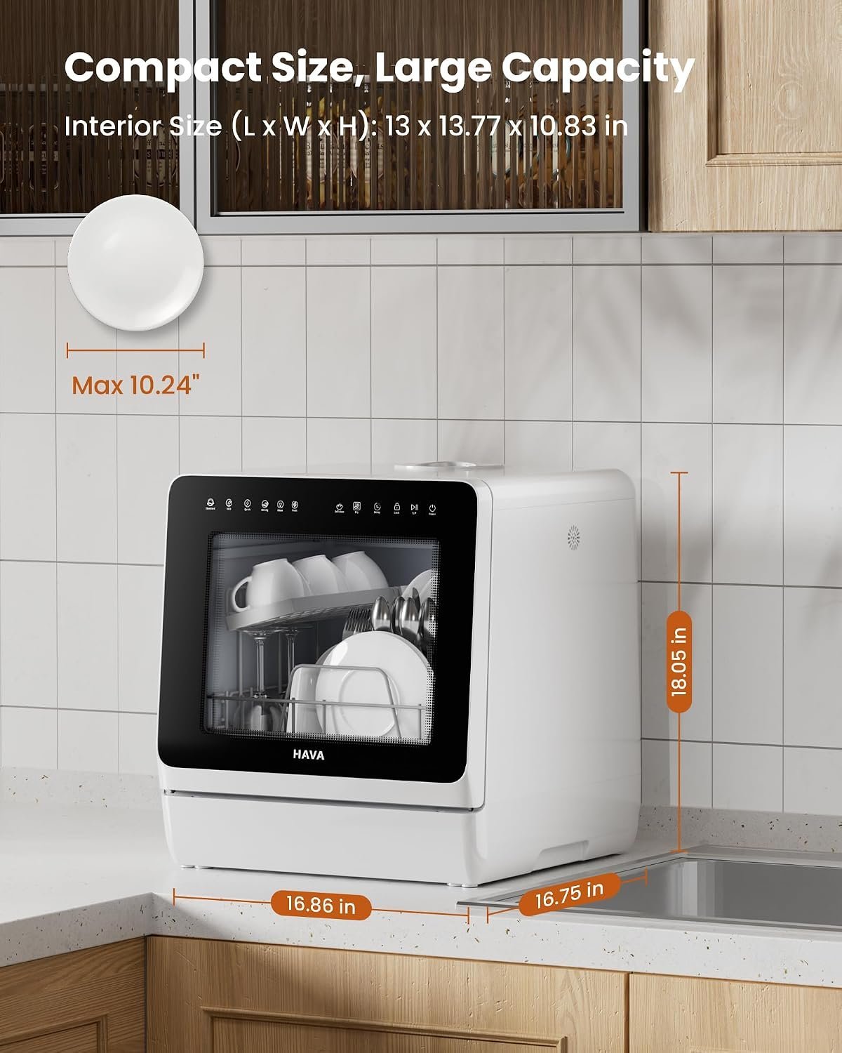 HAVA Countertop Dishwasher with Water Softener – 5L Tank, 8 Programmes, White – view 9